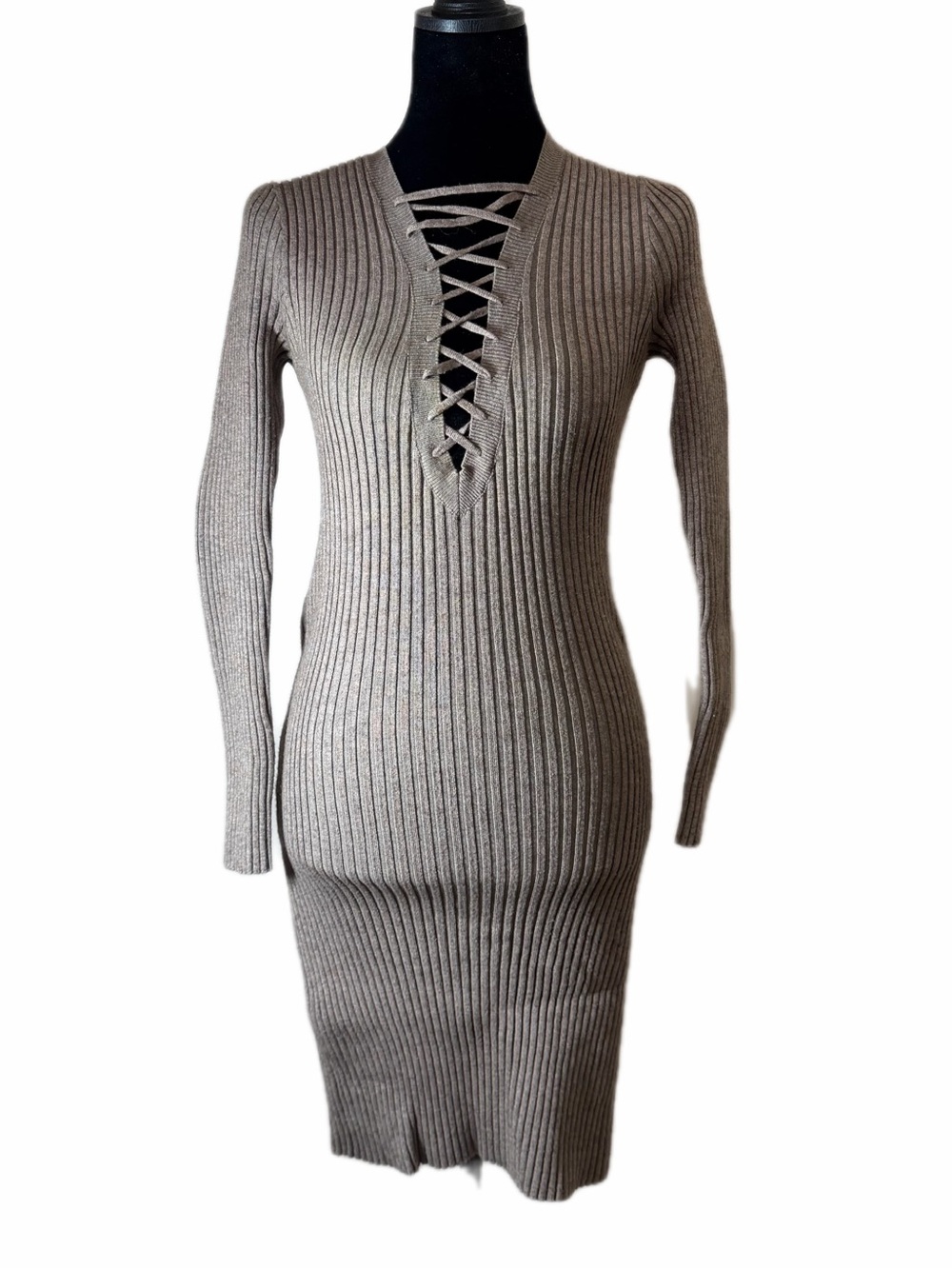 Timing Ribbed Knit Lace Up Bodycon Midi Dress Taupe S